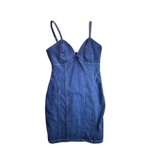 Vtg Guess Bodycon Blue Denim Midi Structured Fit Cotton Dress Y2K, Size Medium